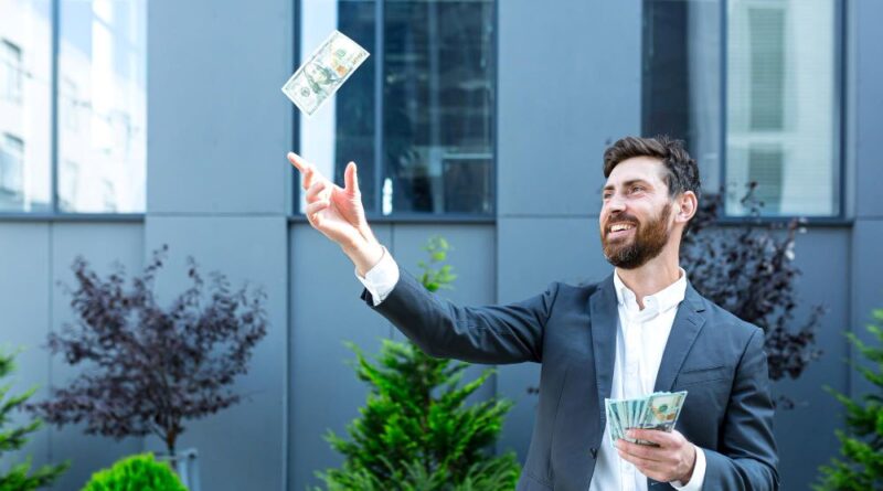 happy successful caucasian bearded businessman counts, waves, throws, show off, flaunt cash money background